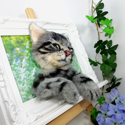 アメリカンショートヘアのフレーム猫 羊毛フェルト 猫 リアル