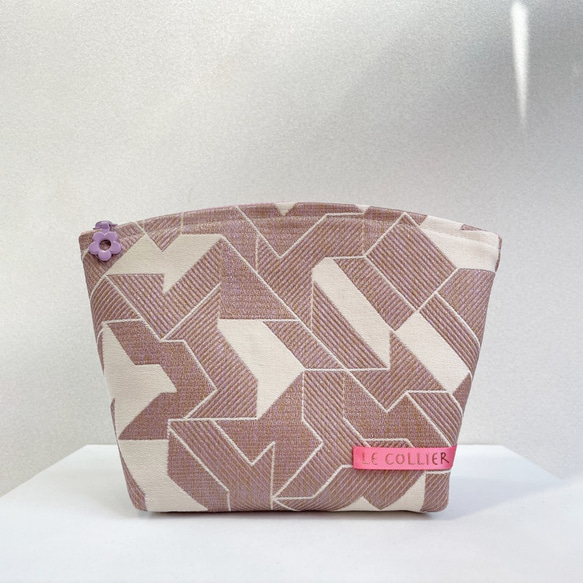 スモールフラワージッパーバッグ-ピンク幾何学模様 1枚目の画像