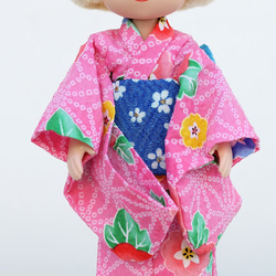 和服Madeleine Chan娃娃[Yukata]粉色早晨面部圖案/藍色奶油腰帶 第1張的照片