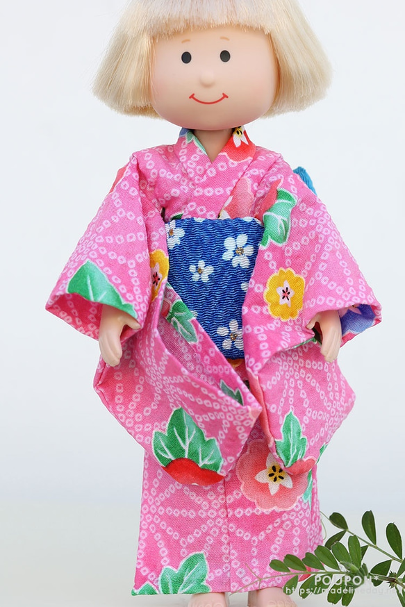 和服Madeleine Chan娃娃[Yukata]粉色早晨面部圖案/藍色奶油腰帶 第1張的照片