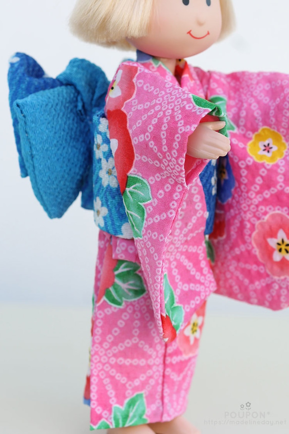 和服Madeleine Chan娃娃[Yukata]粉色早晨面部圖案/藍色奶油腰帶 第3張的照片
