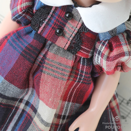 マドレーヌちゃんドール服❤️マドラスチェックパフスリーブワンピ