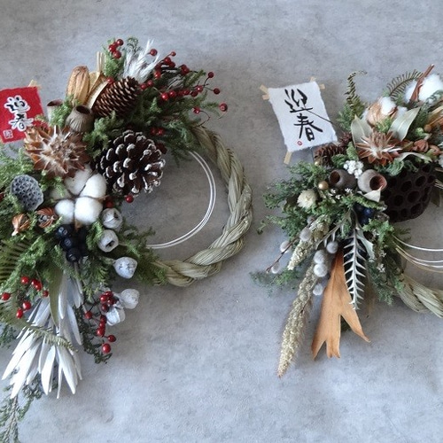 豪華 40x33㎝ 正月飾り 蓮と自然 立派なしめ縄 ドライフラワー しめ縄