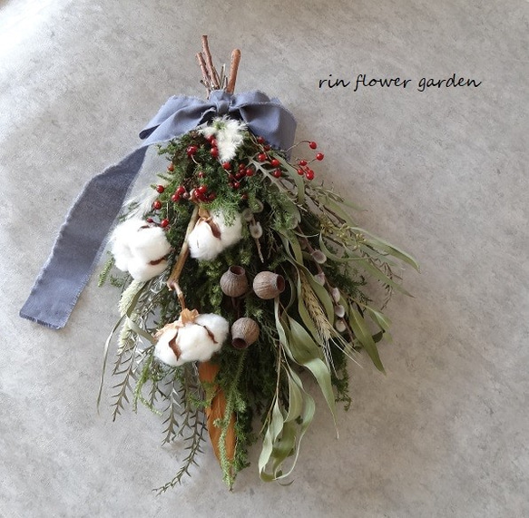 特大 46x30cm ユーカリの実＆ノイバラの実 赤い実 クリスマス スワッグ