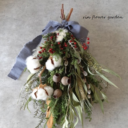 特大 46x30cm ユーカリの実＆ノイバラの実 赤い実 クリスマス スワッグ