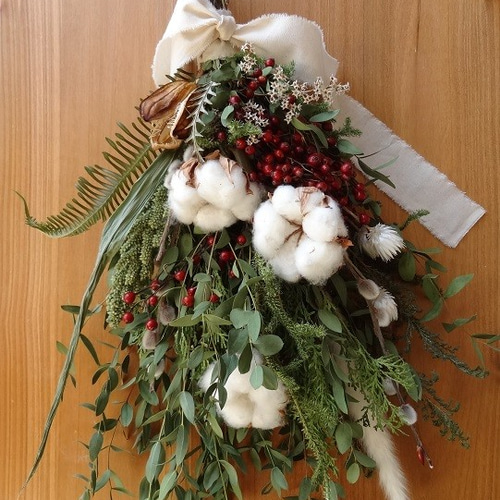 特大 49x30cm ヒムロスギ＆ノイバラの実 赤い実 クリスマス スワッグ