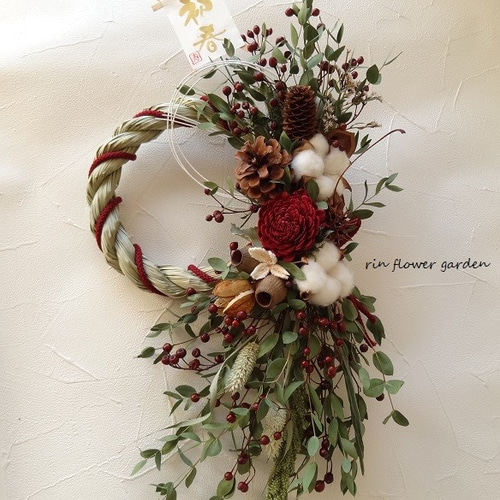 特大 48x30㎝ 豪華 立派 シック 正月飾り ユーカリ 綿の実 しめ縄