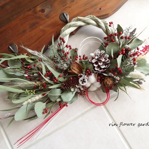 特大 新作 50x26cm 紅白 水引き 正月飾り しめ縄 木の実 ノイバラの実