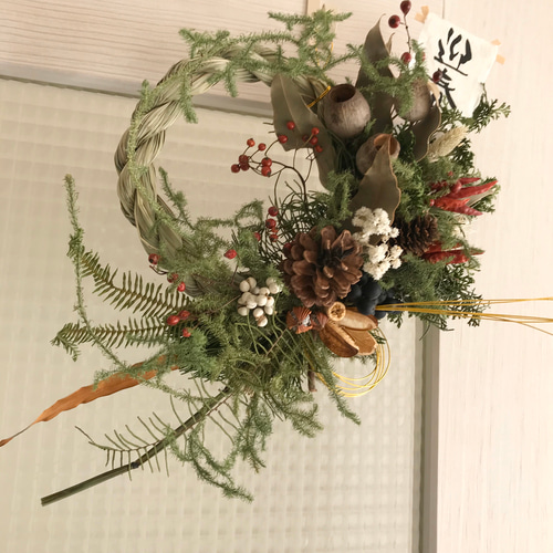 creema限定 rin＊特大 和 紅白 縁起物 ヒカゲノカズラ 正月飾り しめ縄