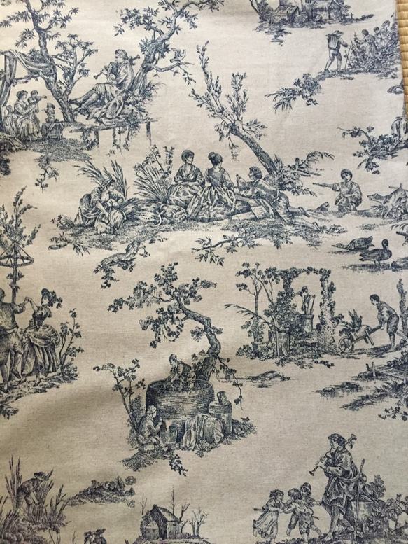 トワルドジュイ布  Toile de Jouy 生成り布、ブルー 1枚目の画像