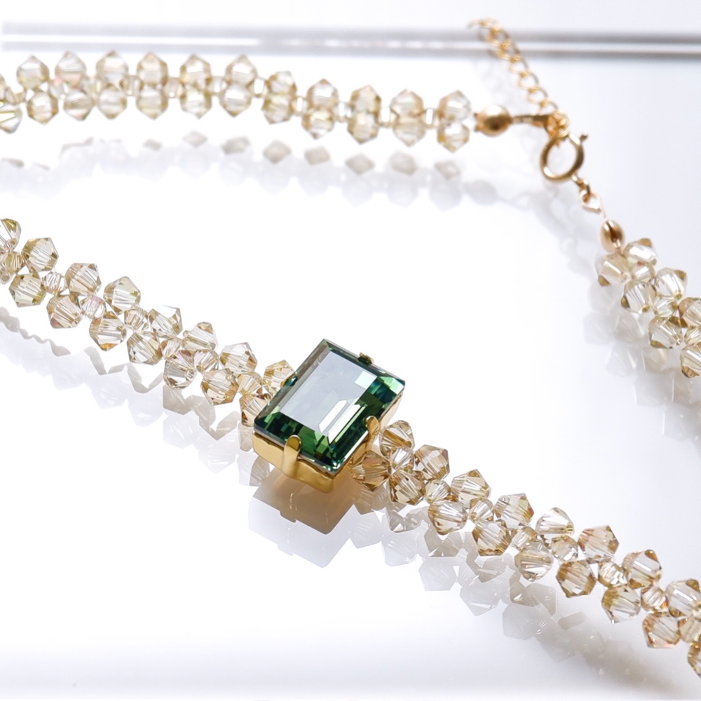 送料無料)スワロフスキー・スクエアチョーカー14kgf(グリーンゴールド