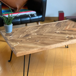 無垢材】フレンチヘリンボーン柄ローテーブル アイアンレッグ ロー