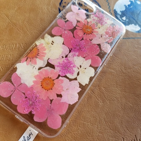 ピンク 押し花 フラワーラメ キラキラ スマホケース iPhoneケース7/8 3枚目の画像