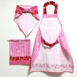 ☆ラスト１セット☆ 140cm ストロベリー＆リボン（ピンク）エプロン・三角巾・巾着袋セット 3枚目の画像