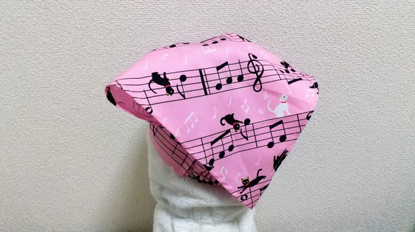 ☆特価☆ 110cm 猫＆楽譜（ピンク）ゴム紐 子供用エプロン・三角巾セット 7枚目の画像
