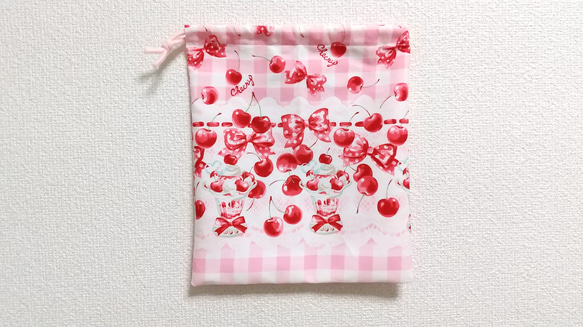 ☆特価☆ 110cm チェリー＆リボン（ピンク）ゴム紐 子供用エプロン・三角巾・巾着袋セット 10枚目の画像