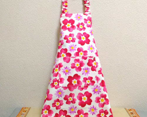 花柄（赤）子供用エプロン 90～160cm【首回り・腰回りの紐選択可