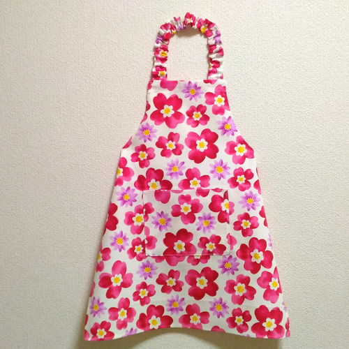 花柄（赤）子供用エプロン 90～160cm【首回り・腰回りの紐選択可