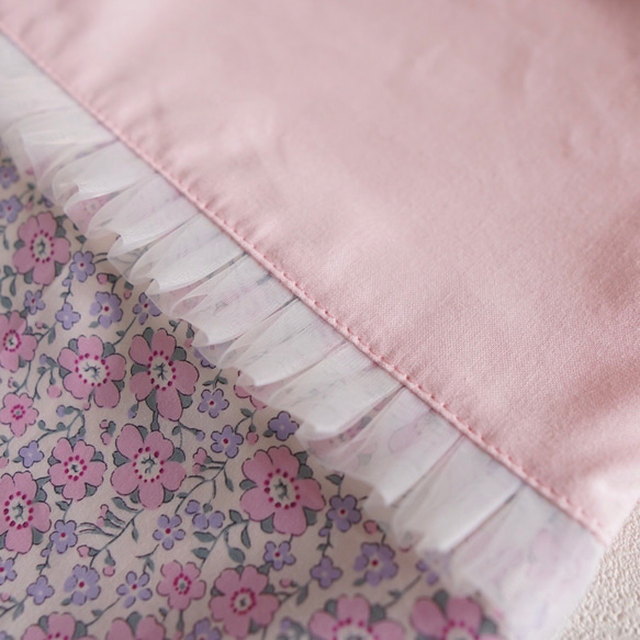 【S 30×25】リバティ＆チュールレースの巾着袋・縦30cm×横25cm・ピンク 6枚目の画像
