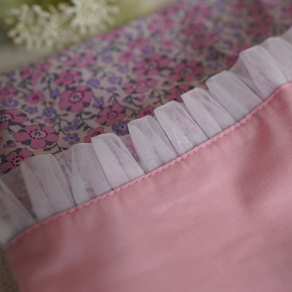 【S 30×25】リバティ＆チュールレースの巾着袋・縦30cm×横25cm・ピンク 7枚目の画像