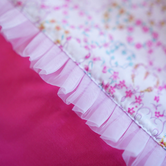 【L 40×35】リバティメイジー＆チュールレースの巾着袋・濃ピンク・縦40cm×横35cm・かわいい・ナップサック 6枚目の画像