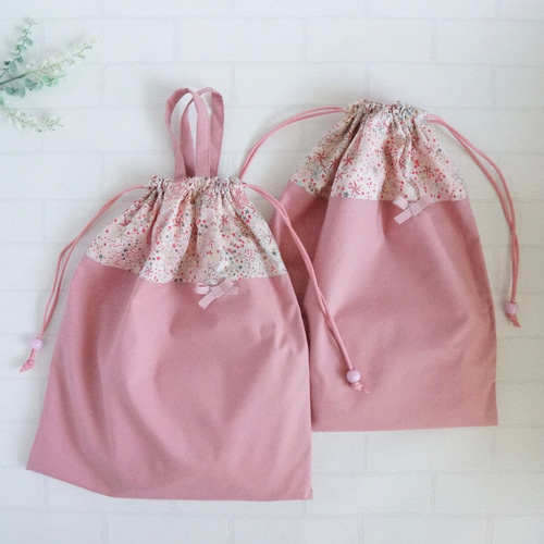 LL 45×40】スモーキーピンク・リバティ・アデラジャ・巾着袋・縦45cm