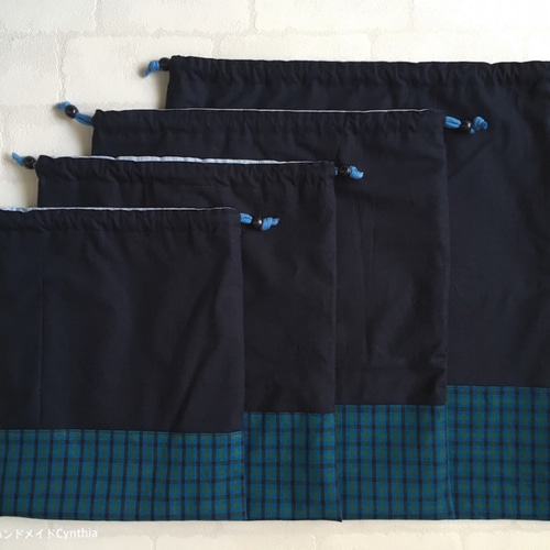 【40】巾着袋　青＊イエロー＊グリーン　ドット　ギンガムチェック 40】巾着袋 青＊イエロー＊グリーン ドット ギンガムチェック