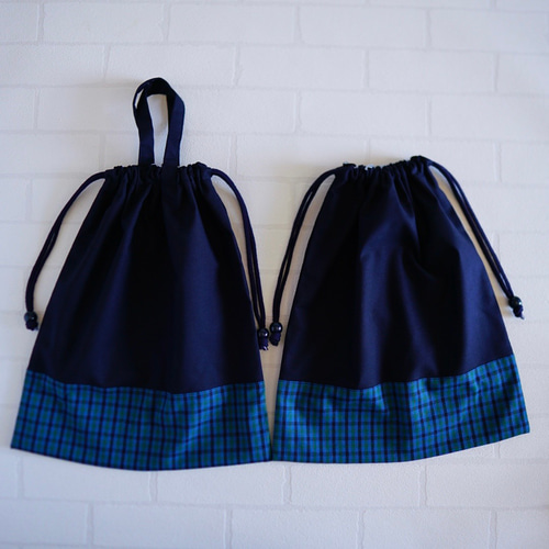 M 35×30 ナップサック変更可】巾着袋・紺色・チェック・縦35cm横30cm