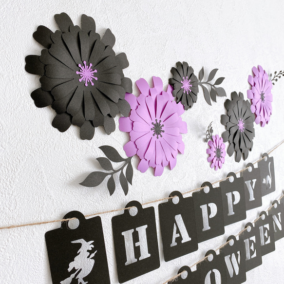☆送料無料　貼れるお花 ウォールフラワー 紫×黒 ハロウィン モビール 誕生日 結婚式 飾り 壁面 2枚目の画像