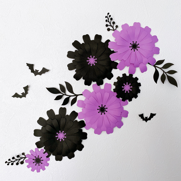 ☆送料無料　大人 ハロウィン ガーランド 貼れるウォールフラワー 紫×黒 誕生日 結婚式 飾り 壁面 5枚目の画像