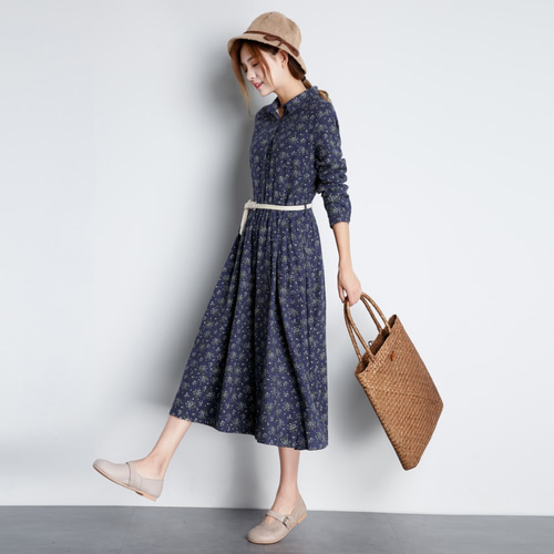 花柄 長袖 Aライン 森ガール ワンピース ベルト付き 42 ワンピース