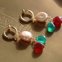 紅瑪瑙和綠瑪瑙耳環（黃銅/箍形） 第1張的照片