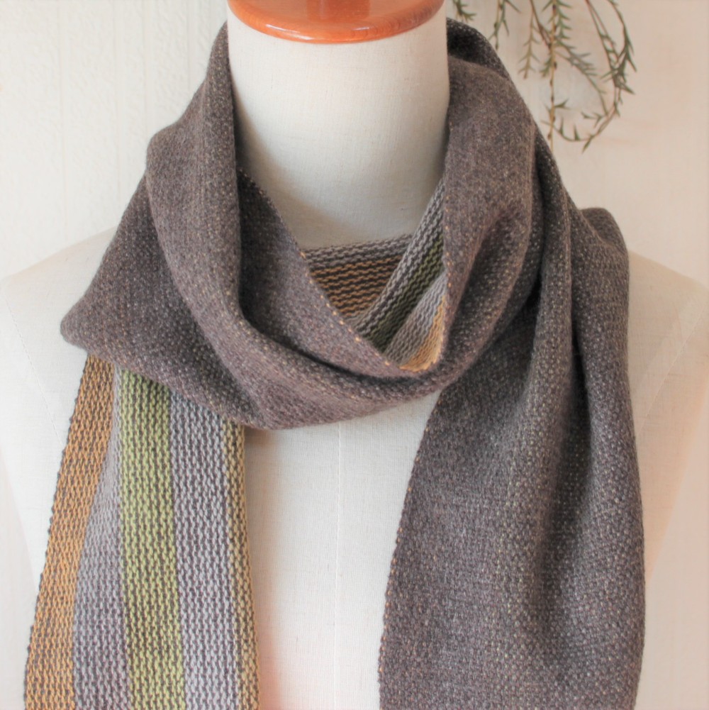 カシミヤ　　ブラウン　オレンジ　イエロー　ストライプ　手織り　マフラー