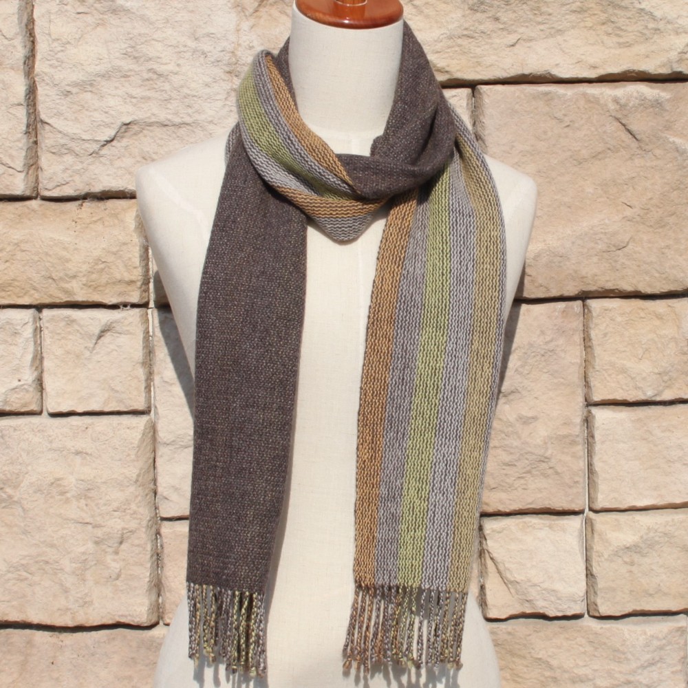 カシミヤ　　ブラウン　オレンジ　イエロー　ストライプ　手織り　マフラー