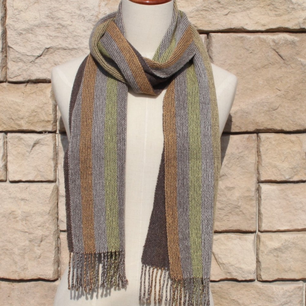 カシミヤ　　ブラウン　オレンジ　イエロー　ストライプ　手織り　マフラー