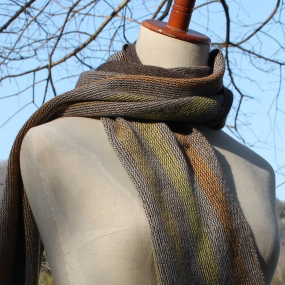 カシミヤ　　ブラウン　オレンジ　イエロー　ストライプ　手織り　マフラー