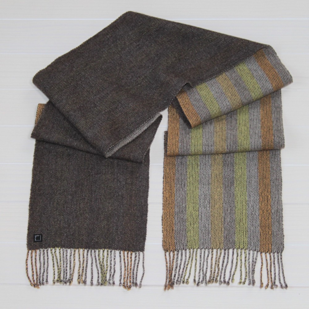 カシミヤ　　ブラウン　オレンジ　イエロー　ストライプ　手織り　マフラー