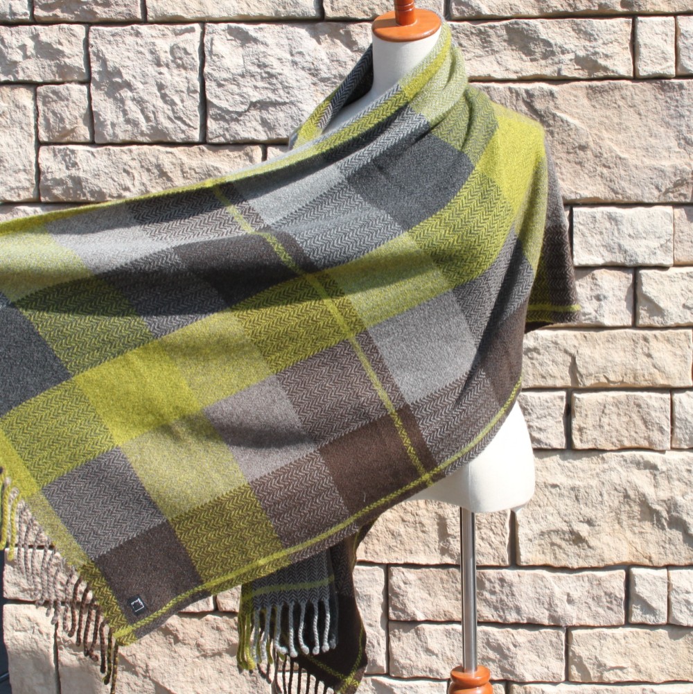 手織り ストール マフラー 冬じたく 黄色 黄緑 ブロックチェック 1点物