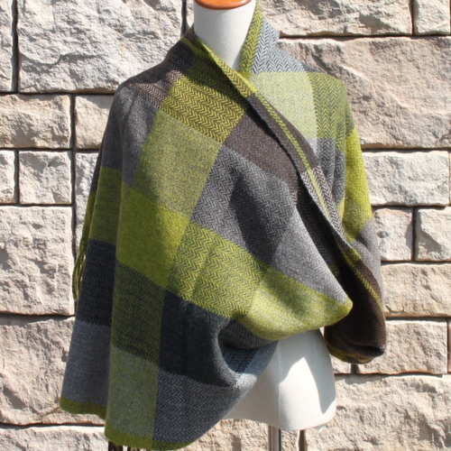 手織り ストール マフラー 冬じたく 黄色 黄緑 ブロックチェック 1点物