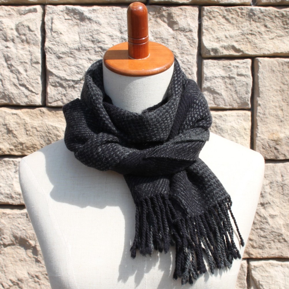 ヤク　チャコールグレー　チェック　手織り　マフラー