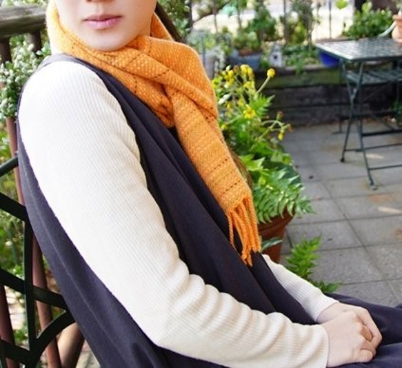 カシミヤ　オレンジ　手織りマフラー 1枚目の画像