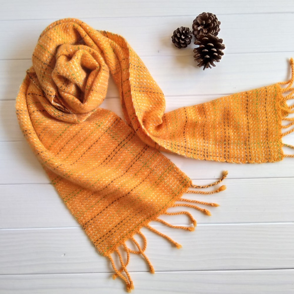 カシミヤ　オレンジ　手織りマフラー 2枚目の画像