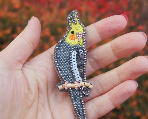 オカメインコ（ノーマル）＊ビーズ刺繍ブローチ＊ツイード ブローチ