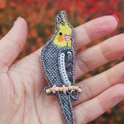 オカメインコ（ノーマル）＊ビーズ刺繍ブローチ＊ツイード ブローチ