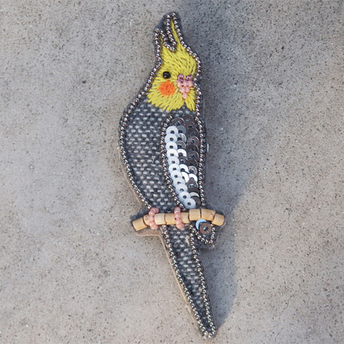オカメインコ（ノーマル）＊ビーズ刺繍ブローチ＊ツイード ブローチ