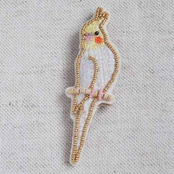 オカメインコ（ルチノー）ビーズ刺繍ブローチ＊ツイード＊ 2枚目の画像