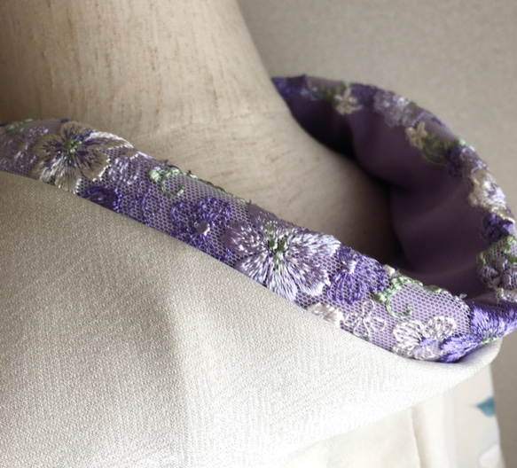 洗える刺繍半衿　藤色のお花レース 4枚目の画像