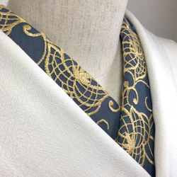 洗える刺繍半衿　金茶×ニュアンスブルー【ラスト】 3枚目の画像