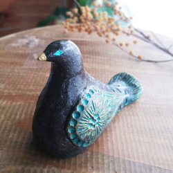 受注製作】鳥の置物 アンティーク風仕上げ 一点物！ ブラック/グリーン