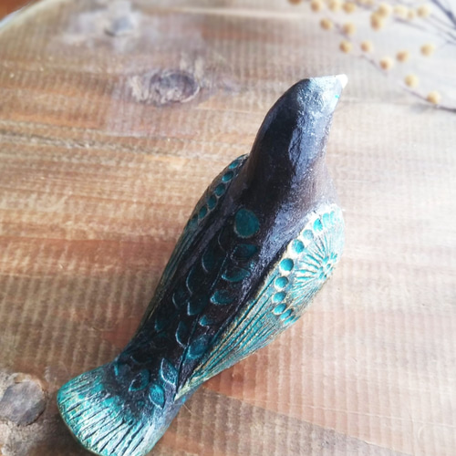 受注製作】鳥の置物 アンティーク風仕上げ 一点物！ ブラック/グリーン